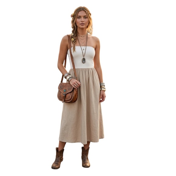 The Drop Dresses & Skirts - The Drop Women's Cream khaki Hellen Strapless Mixed Media Maxi Dress Medium
